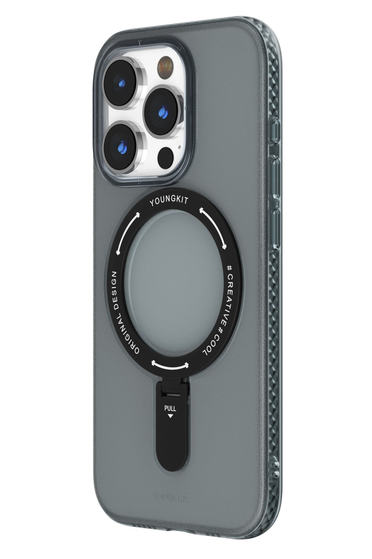 Youngkit Rock iPhone 15 Pro Uyumlu Magsafe Buzlu Siyah Stand Kılıf
