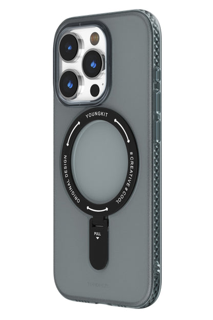 Youngkit Rock iPhone 15 Pro Uyumlu Magsafe Buzlu Siyah Stand Kılıf