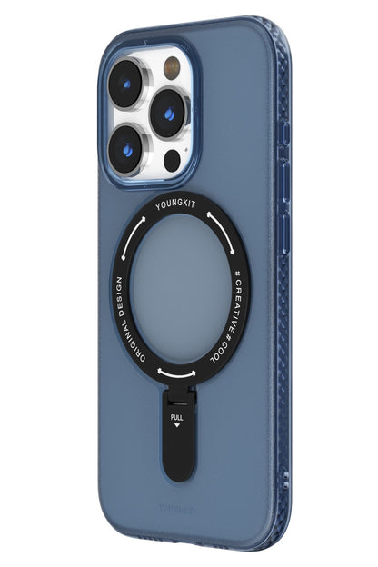 Youngkit Rock iPhone 15 Pro Uyumlu Magsafe Buzlu Mavi Stand Kılıf