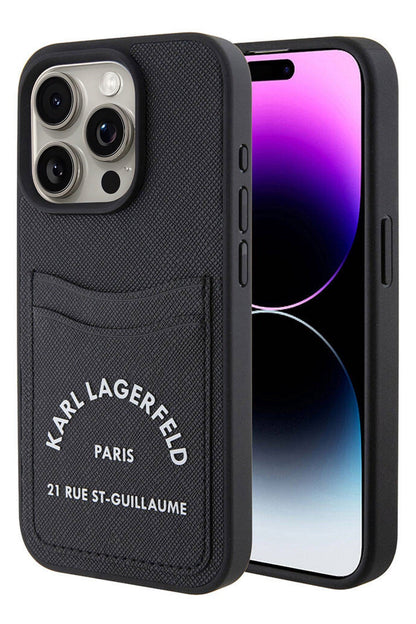 Karl Lagerfeld iPhone 15 Pro Uyumlu Saffiano Kartlıklı Kılıf Siyah