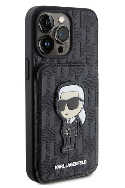Karl Lagerfeld iPhone 15 Pro Uyumlu Saffiano Kartlıklı Standlı Kılıf Siyah