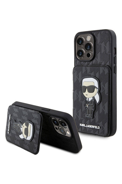 Karl Lagerfeld iPhone 15 Pro Uyumlu Saffiano Kartlıklı Standlı Kılıf Siyah