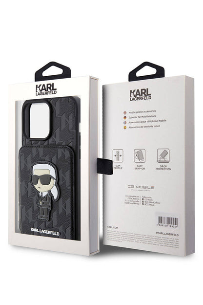 Karl Lagerfeld iPhone 15 Pro Uyumlu Saffiano Kartlıklı Standlı Kılıf Siyah
