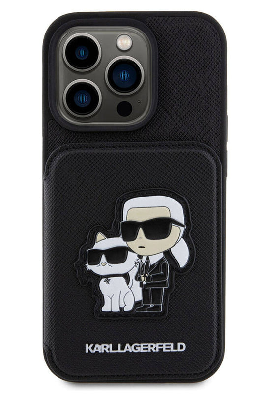 Karl Lagerfeld iPhone 15 Pro Uyumlu Saffiano Kartlıklı Standlı K&C Kılıf Siyah