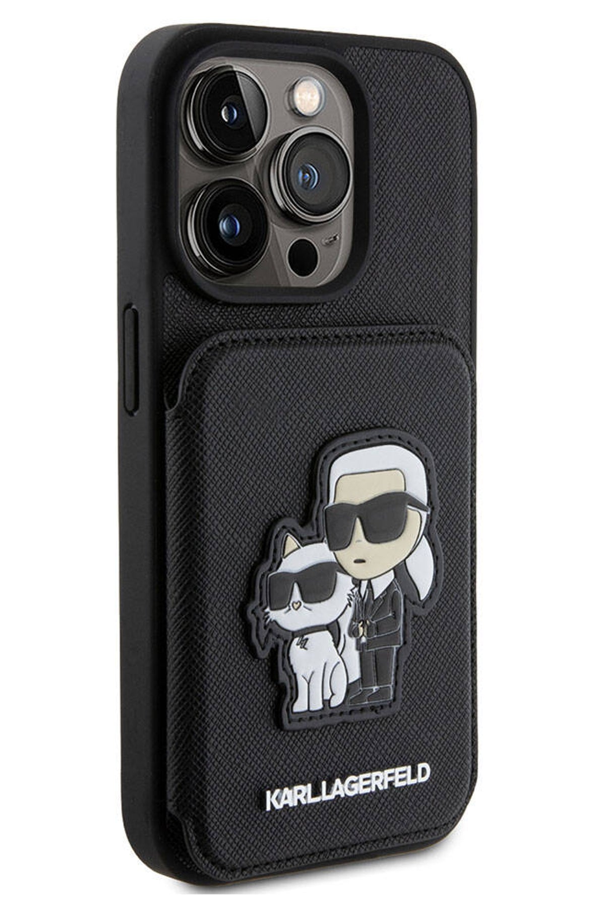 Karl Lagerfeld iPhone 15 Pro Uyumlu Saffiano Kartlıklı Standlı K&C Kılıf Siyah