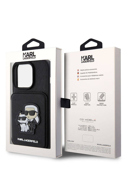 Karl Lagerfeld iPhone 15 Pro Uyumlu Saffiano Kartlıklı Standlı K&C Kılıf Siyah