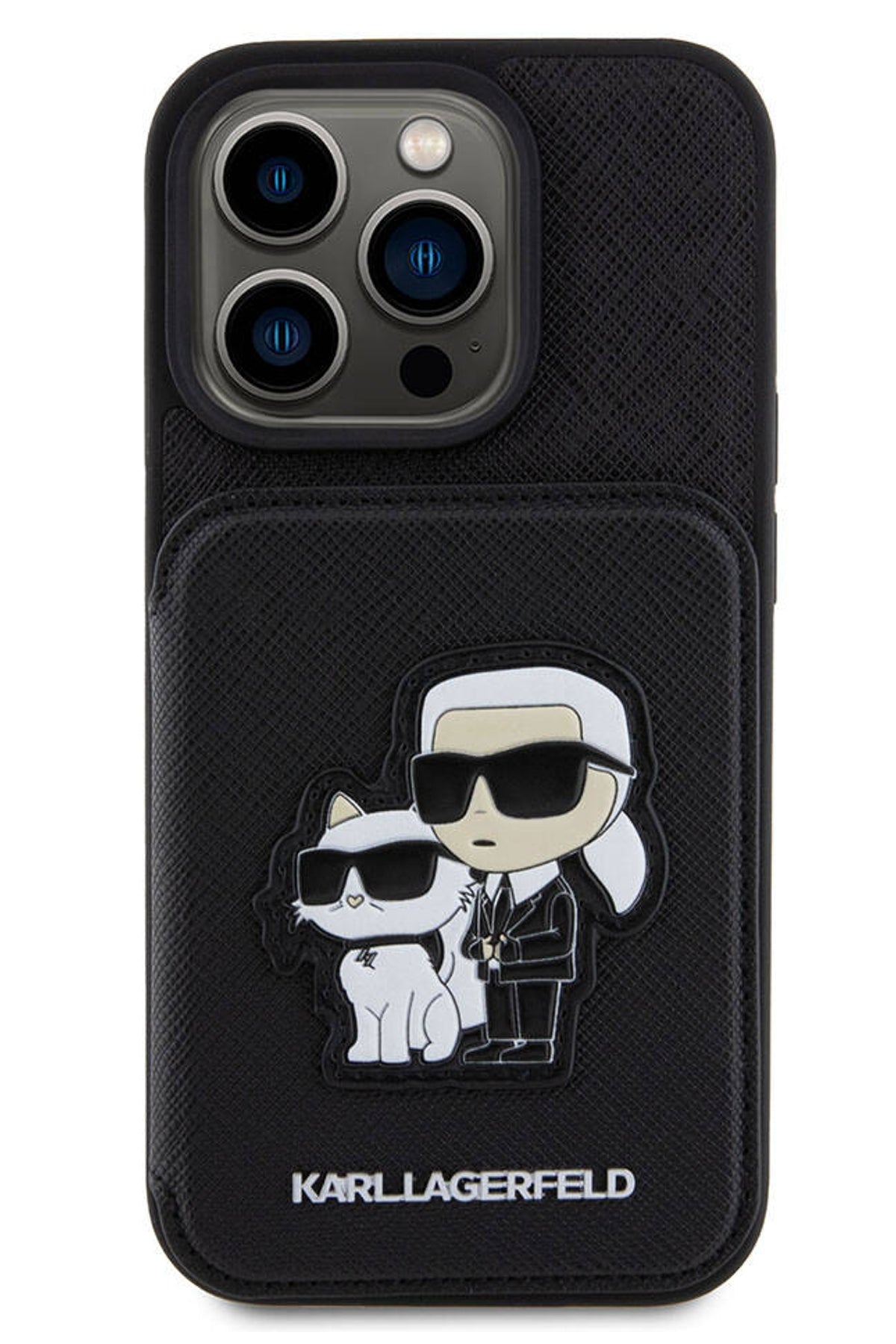 Karl Lagerfeld iPhone 15 Pro Max Uyumlu Saffiano Kartlıklı Standlı K&C Kılıf Siyah