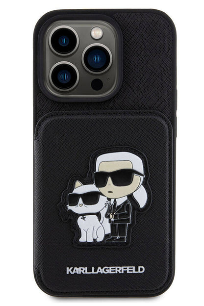 Karl Lagerfeld iPhone 15 Pro Max Uyumlu Saffiano Kartlıklı Standlı K&C Kılıf Siyah