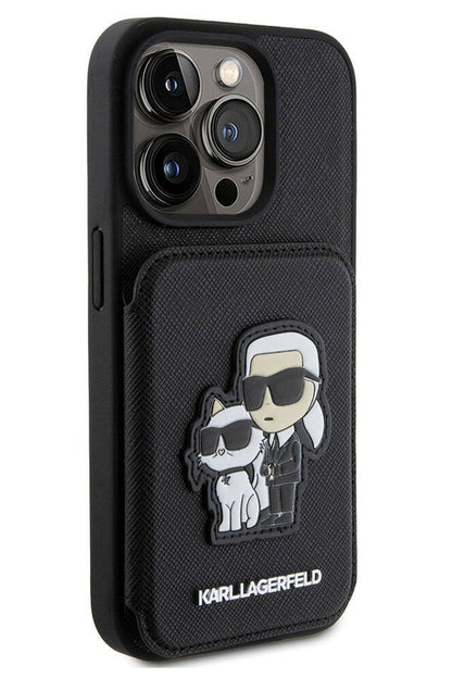 Karl Lagerfeld iPhone 15 Pro Max Uyumlu Saffiano Kartlıklı Standlı K&C Kılıf Siyah