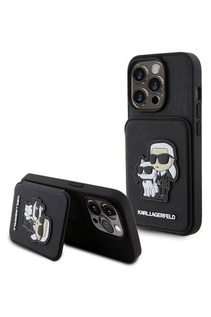 Karl Lagerfeld iPhone 15 Pro Max Uyumlu Saffiano Kartlıklı Standlı K&C Kılıf Siyah