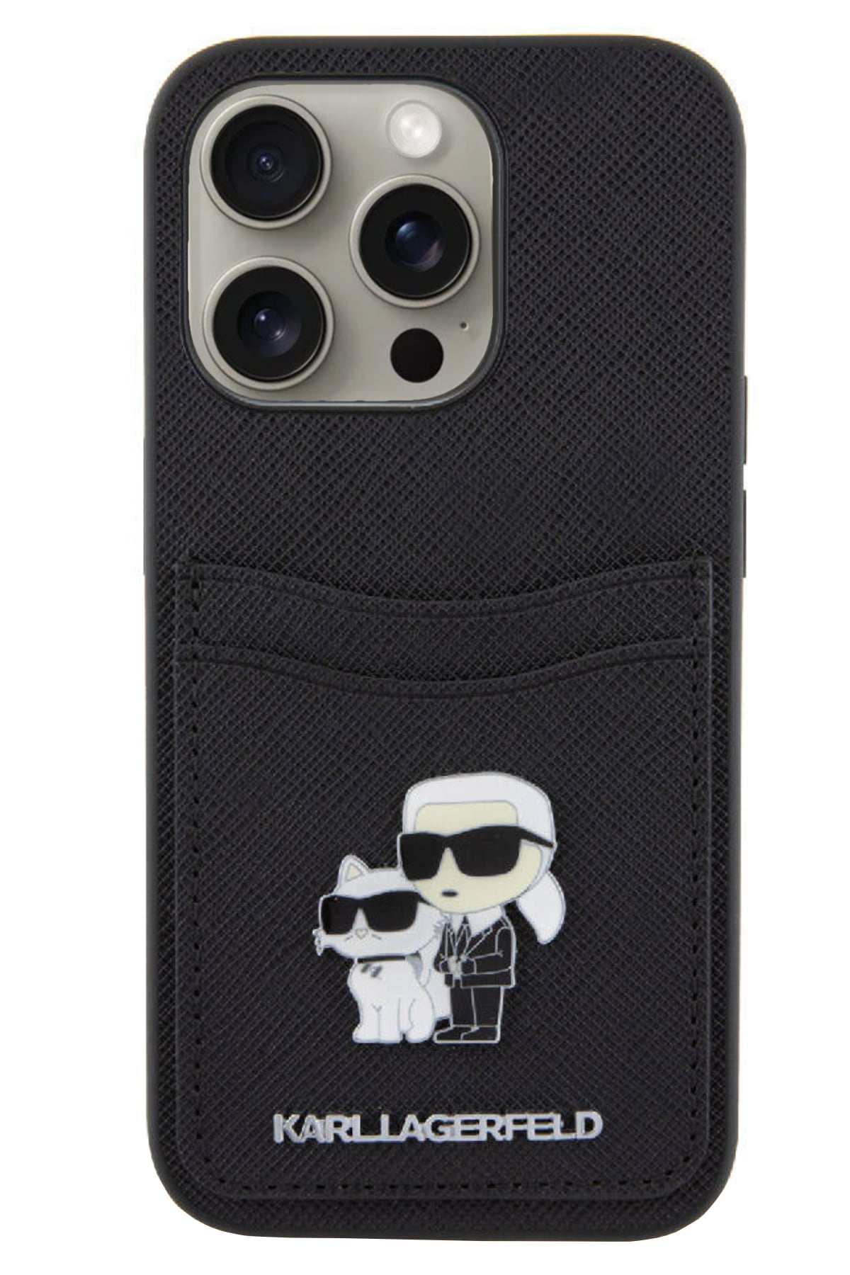Karl Lagerfeld iPhone 15 Pro Uyumlu Saffiano Kartlıklı K&C Kılıf Siyah