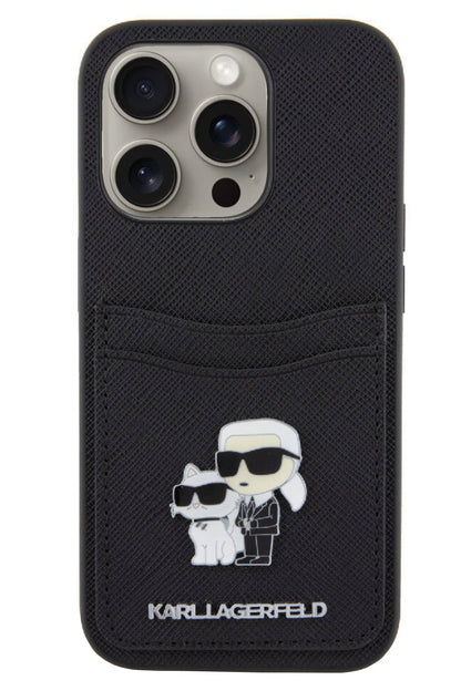 Karl Lagerfeld iPhone 15 Pro Max Uyumlu Saffiano Kartlıklı K&C Kılıf Siyah