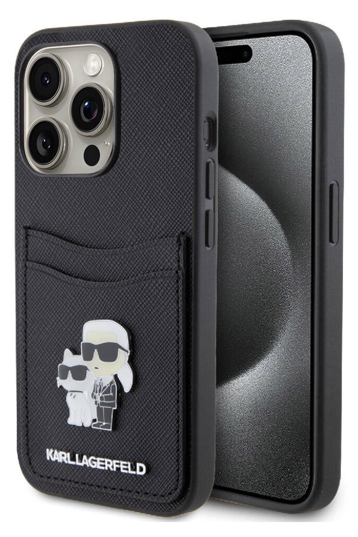 Karl Lagerfeld iPhone 15 Pro Max Uyumlu Saffiano Kartlıklı K&C Kılıf Siyah