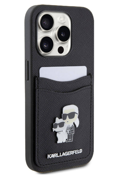 Karl Lagerfeld iPhone 15 Pro Max Uyumlu Saffiano Kartlıklı K&C Kılıf Siyah