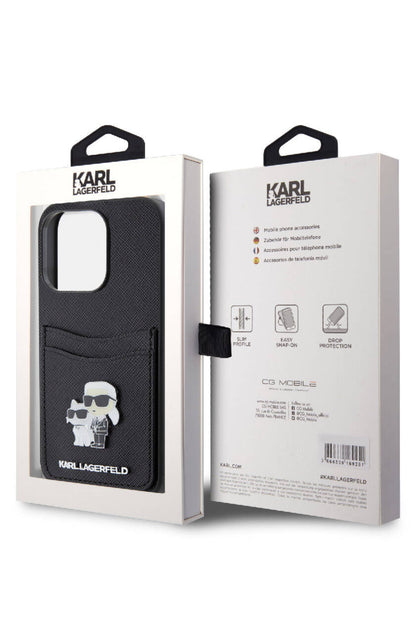 Karl Lagerfeld iPhone 15 Pro Max Uyumlu Saffiano Kartlıklı K&C Kılıf Siyah
