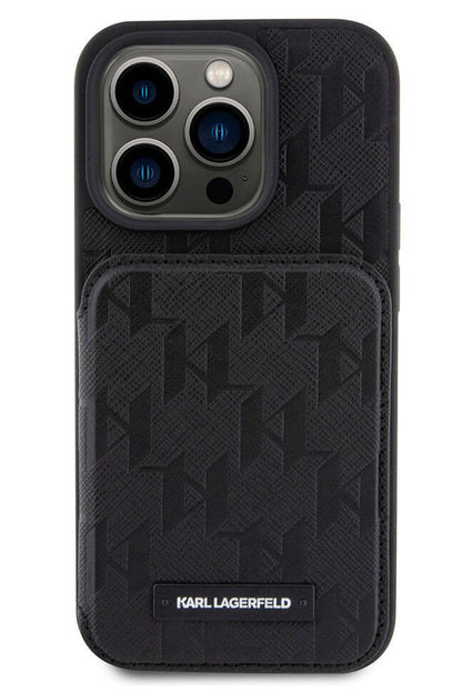 Karl Lagerfeld iPhone 15 Pro Uyumlu Saffiano Standlı Kartlıklı Kılıf Siyah