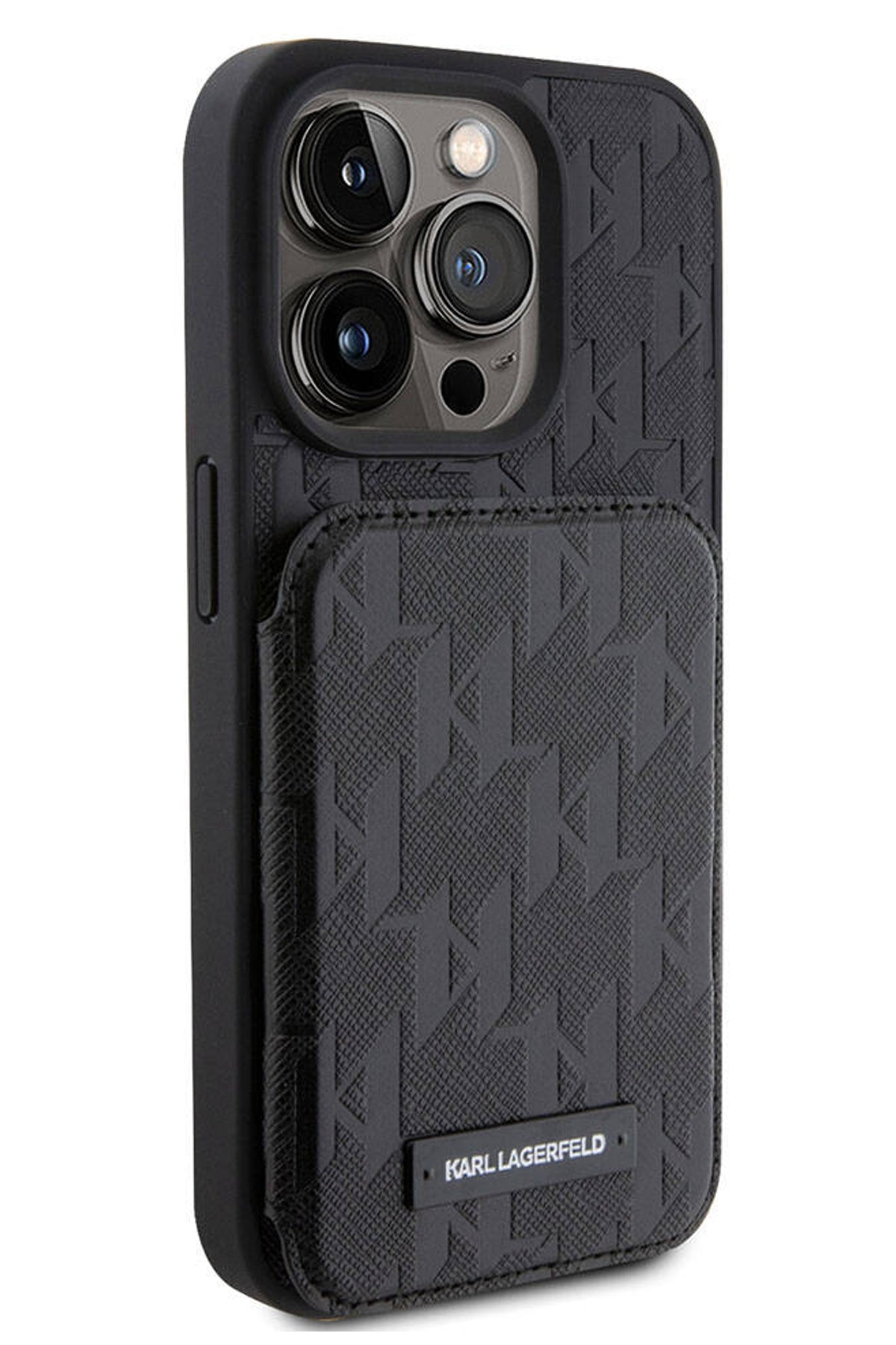 Karl Lagerfeld iPhone 15 Pro Uyumlu Saffiano Standlı Kartlıklı Kılıf Siyah
