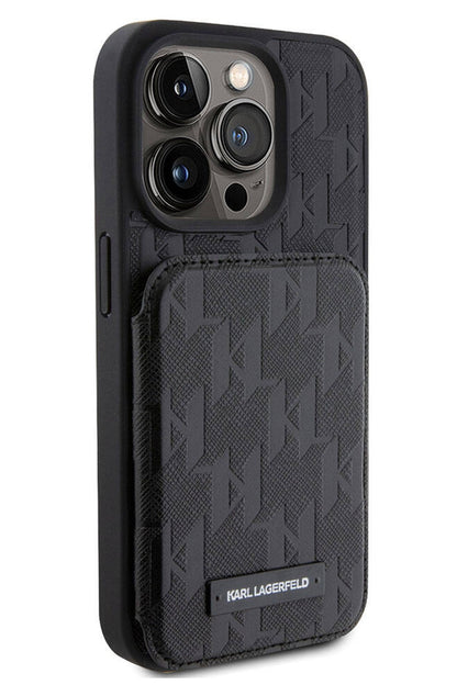 Karl Lagerfeld iPhone 15 Pro Uyumlu Saffiano Standlı Kartlıklı Kılıf Siyah