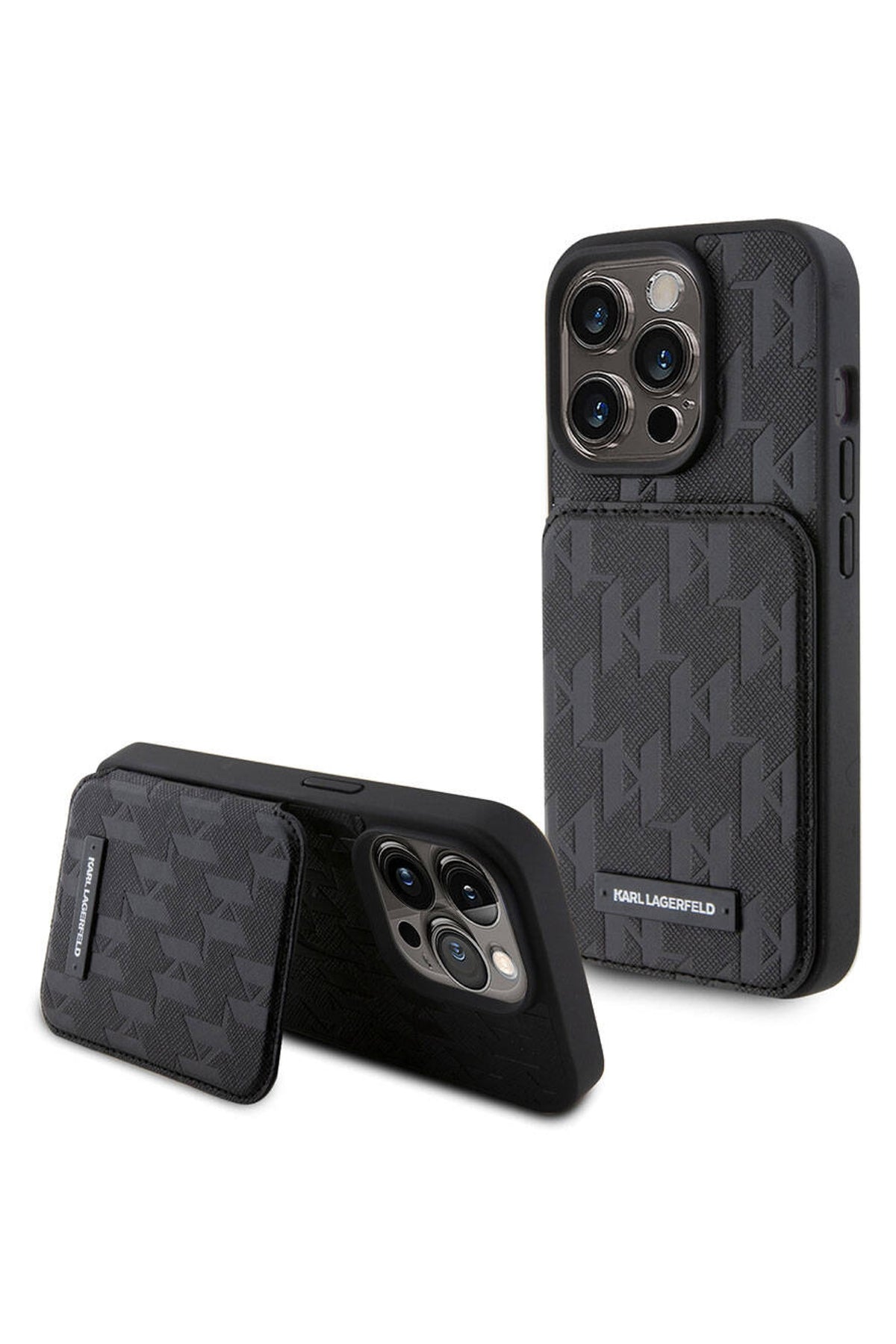 Karl Lagerfeld iPhone 15 Pro Uyumlu Saffiano Standlı Kartlıklı Kılıf Siyah