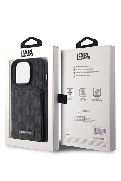 Karl Lagerfeld iPhone 15 Pro Uyumlu Saffiano Standlı Kartlıklı Kılıf Siyah