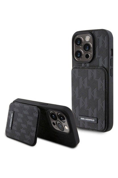 Karl Lagerfeld iPhone 15 Pro Max Uyumlu Saffiano Standlı Kartlıklı Kılıf Siyah