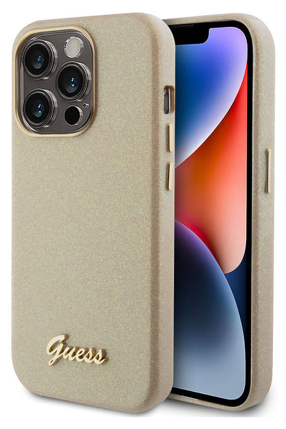 Guess iPhone 15 Pro Uyumlu Glitter Glossy Script Silikon Kılıf Gold