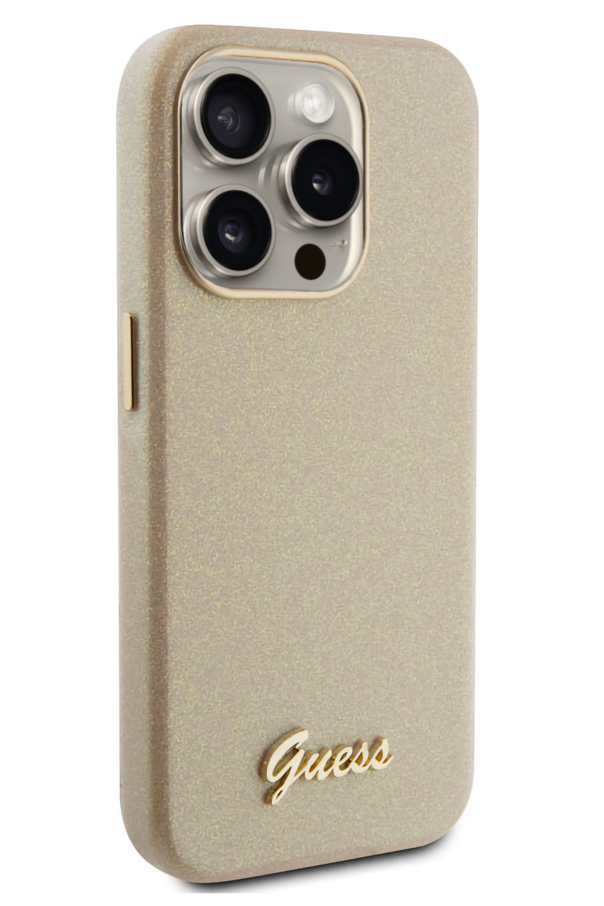 Guess iPhone 15 Pro Uyumlu Glitter Glossy Script Silikon Kılıf Gold