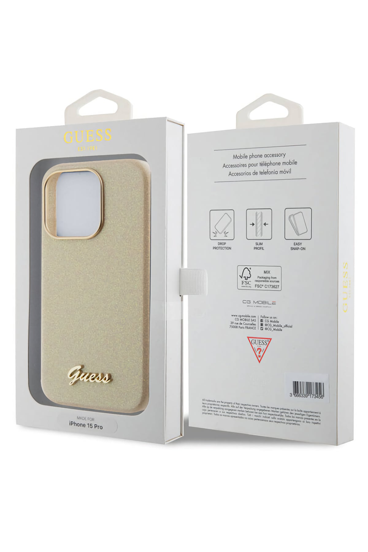 Guess iPhone 15 Pro Uyumlu Glitter Glossy Script Silikon Kılıf Gold