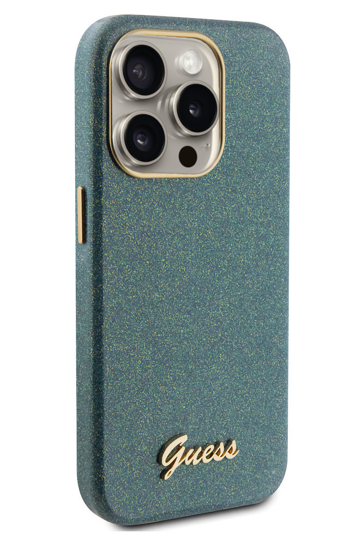 Guess iPhone 15 Pro Uyumlu Glitter Glossy Script Silikon Kılıf Haki