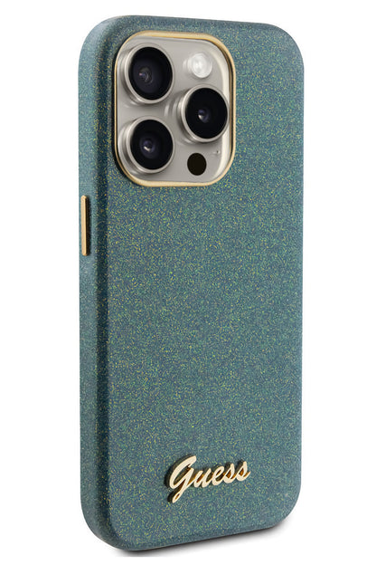 Guess iPhone 15 Pro Uyumlu Glitter Glossy Script Silikon Kılıf Haki