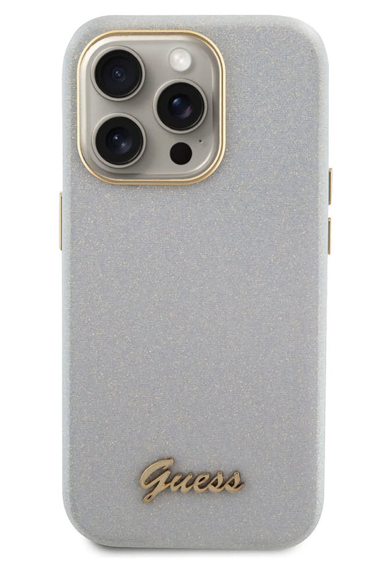 Guess iPhone 15 Pro Uyumlu Glitter Glossy Script Silikon Kılıf Gri