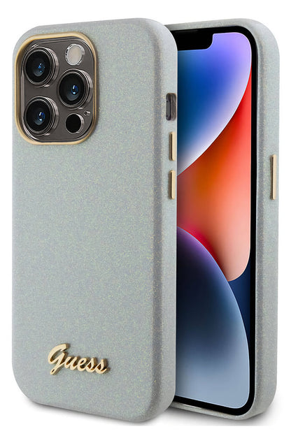 Guess iPhone 15 Pro Uyumlu Glitter Glossy Script Silikon Kılıf Gri