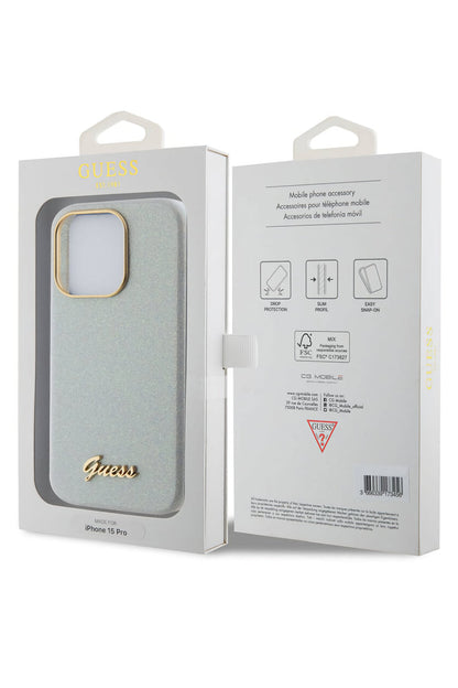 Guess iPhone 15 Pro Uyumlu Glitter Glossy Script Silikon Kılıf Gri