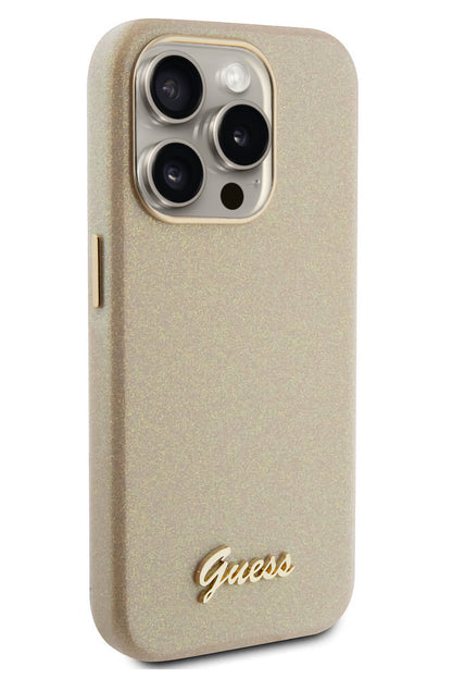 Guess iPhone 15 Pro Max Uyumlu Glitter Glossy Script Silikon Kılıf Gold