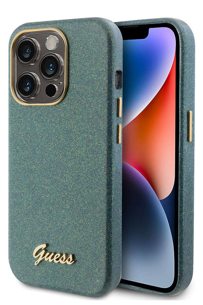 Guess iPhone 15 Pro Max Uyumlu Glitter Glossy Script Silikon Kılıf Haki