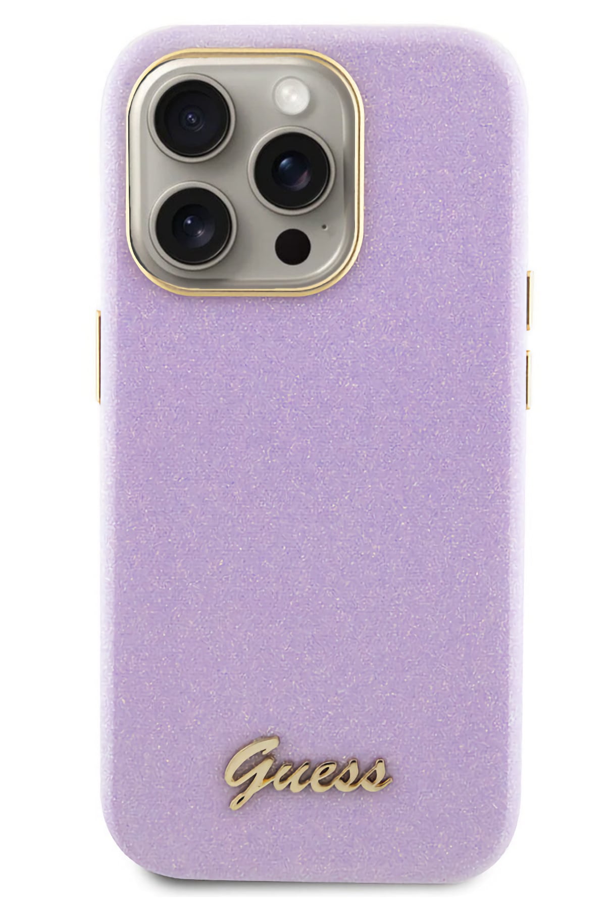 Guess iPhone 15 Pro Max Uyumlu Glitter Glossy Script Silikon Kılıf Lila