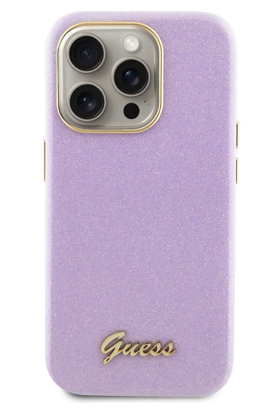 Guess iPhone 15 Pro Max Uyumlu Glitter Glossy Script Silikon Kılıf Lila