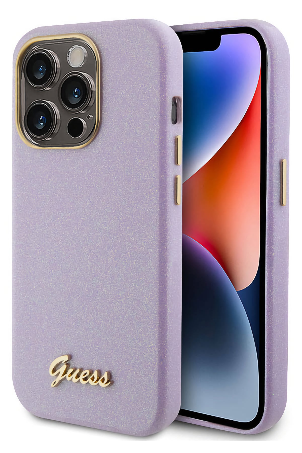 Guess iPhone 15 Pro Max Uyumlu Glitter Glossy Script Silikon Kılıf Lila