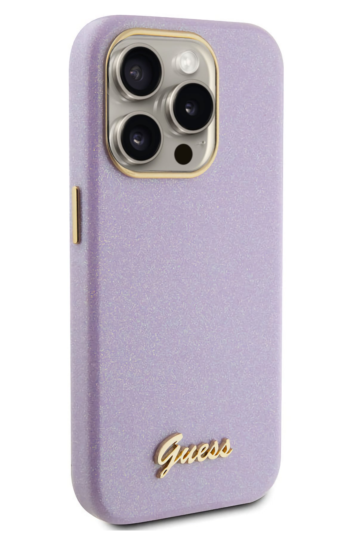 Guess iPhone 15 Pro Uyumlu Glitter Glossy Script Silikon Kılıf Lila